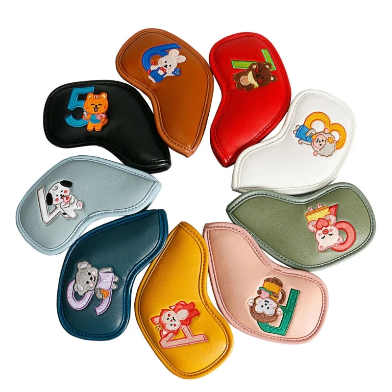 9 Pcs Portable Golf Club Headcovers Cute Cartoon Cat Pattern PU Waterproof Fairway Hybrid Putter Cover Set Vintage