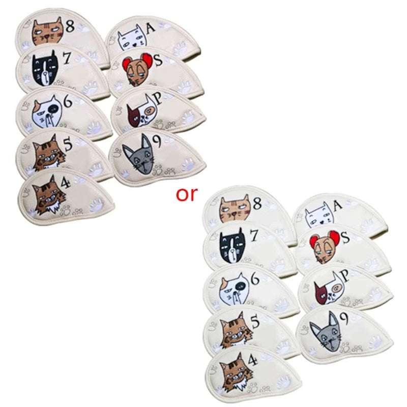 9 Pcs Portable Golf Club Headcovers Cute Cartoon Cat Pattern PU Waterproof Fairway Hybrid Putter Cover Set Vintage