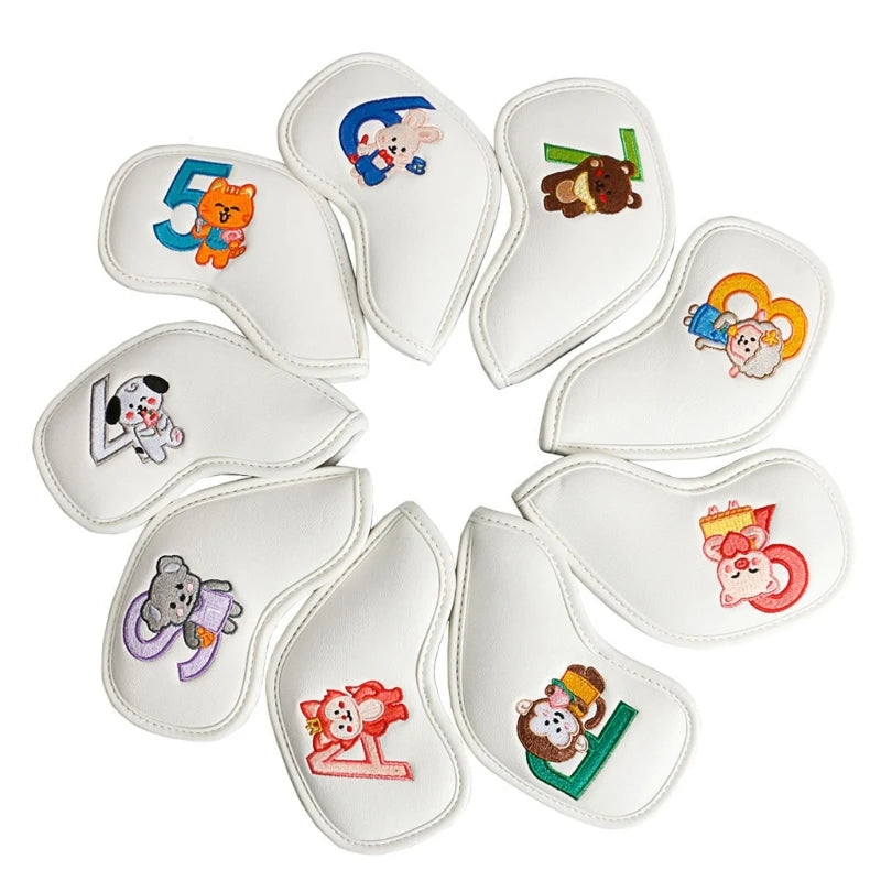 9 Pcs Portable Golf Club Headcovers Cute Cartoon Cat Pattern PU Waterproof Fairway Hybrid Putter Cover Set Vintage