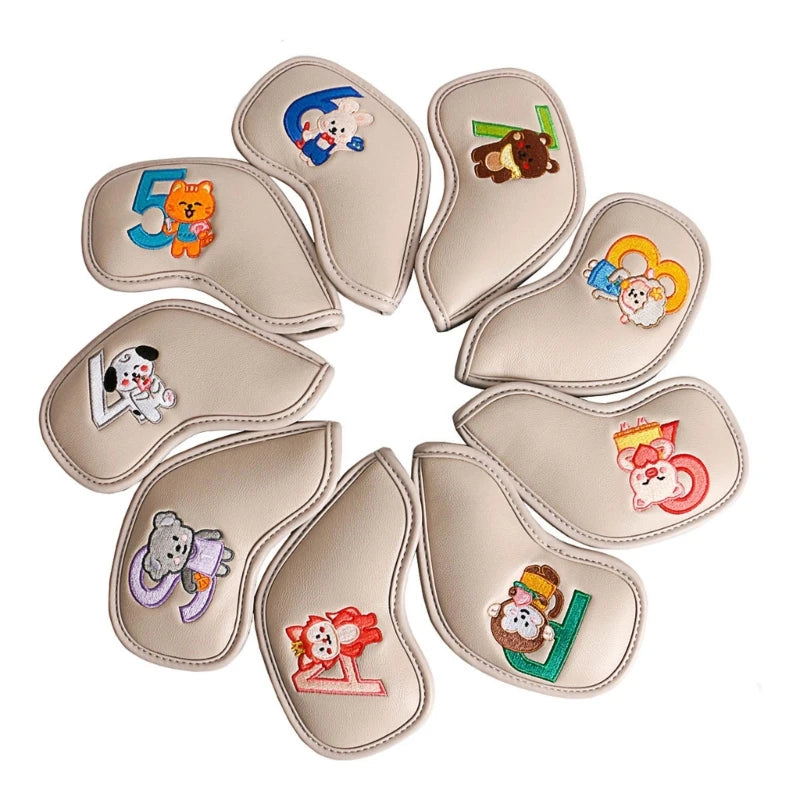 9 Pcs Portable Golf Club Headcovers Cute Cartoon Cat Pattern PU Waterproof Fairway Hybrid Putter Cover Set Vintage