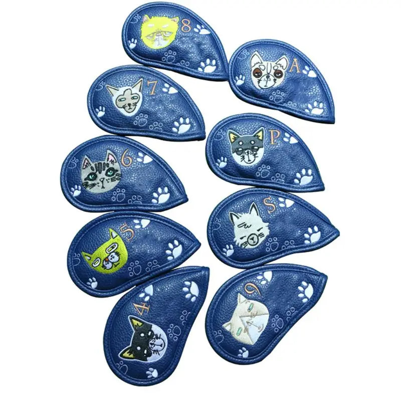 9 Pcs Portable Golf Club Headcovers Cute Cartoon Cat Pattern PU Waterproof Fairway Hybrid Putter Cover Set Vintage