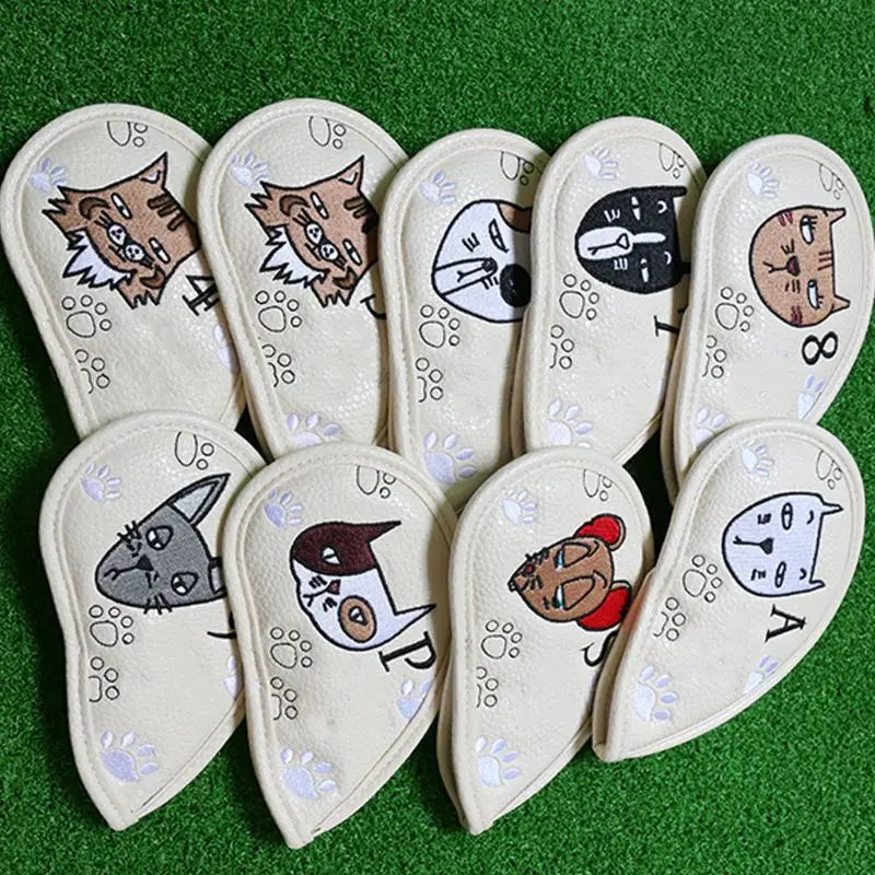 9 Pcs Portable Golf Club Headcovers Cute Cartoon Cat Pattern PU Waterproof Fairway Hybrid Putter Cover Set Vintage