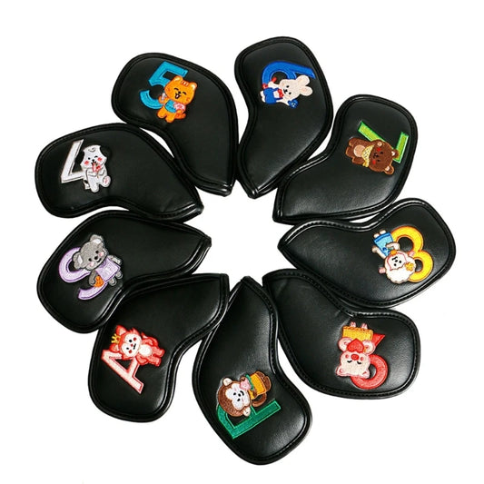 9 Pcs Portable Golf Club Headcovers Cute Cartoon Cat Pattern PU Waterproof Fairway Hybrid Putter Cover Set Vintage